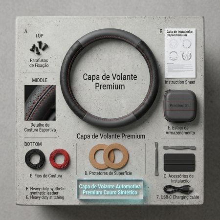 Capa de Volante Automotiva Premium Couro Sint&eacute;tico